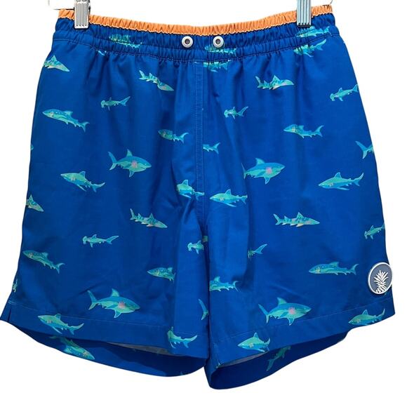 CHUBBIES Swimwear Sz MD Lined Trunks Blue Shark Print Elastic Waist 5.5" Inseam - Picture 1 of 6